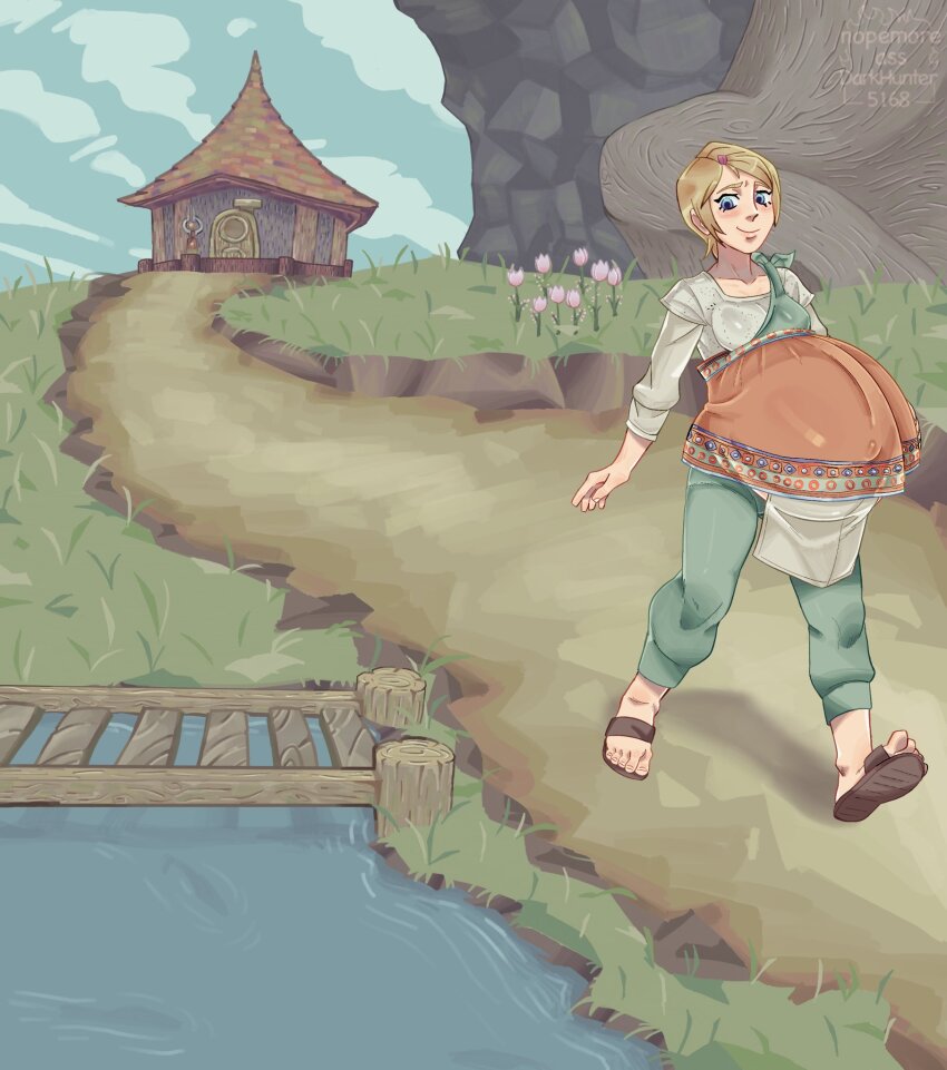 1girl blonde_hair blue_eyes blue_sky colored_skin commission commissioner_upload darkhunter5168 dress grass highres house housewife nature nintendo non-web_source pond pregnant river rural sandals short_hair sky smile solo the_legend_of_zelda the_legend_of_zelda:_twilight_princess uli_(twilight_princess) uli_(zelda) village walking watermark white_skin