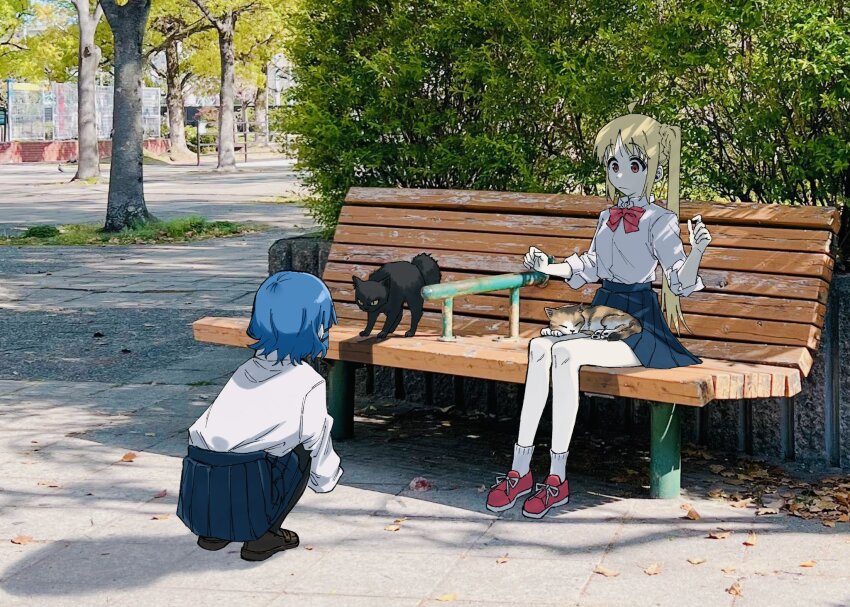 2girls ahoge animal animal_on_lap bench black_cat blonde_hair blue_hair blue_skirt blush bocchi_the_rock! bow bowtie brown_eyes brown_footwear calico cat cat_on_lap chorohanage collared_shirt highres hissing ijichi_nijika loafers long_hair long_sleeves multiple_girls on_bench on_lap outdoors photo_background red_bow red_bowtie red_footwear school_uniform shimokitazawa_high_school_uniform shirt shoes short_hair side_ponytail sitting skirt sneakers squatting tree white_shirt yamada_ryo