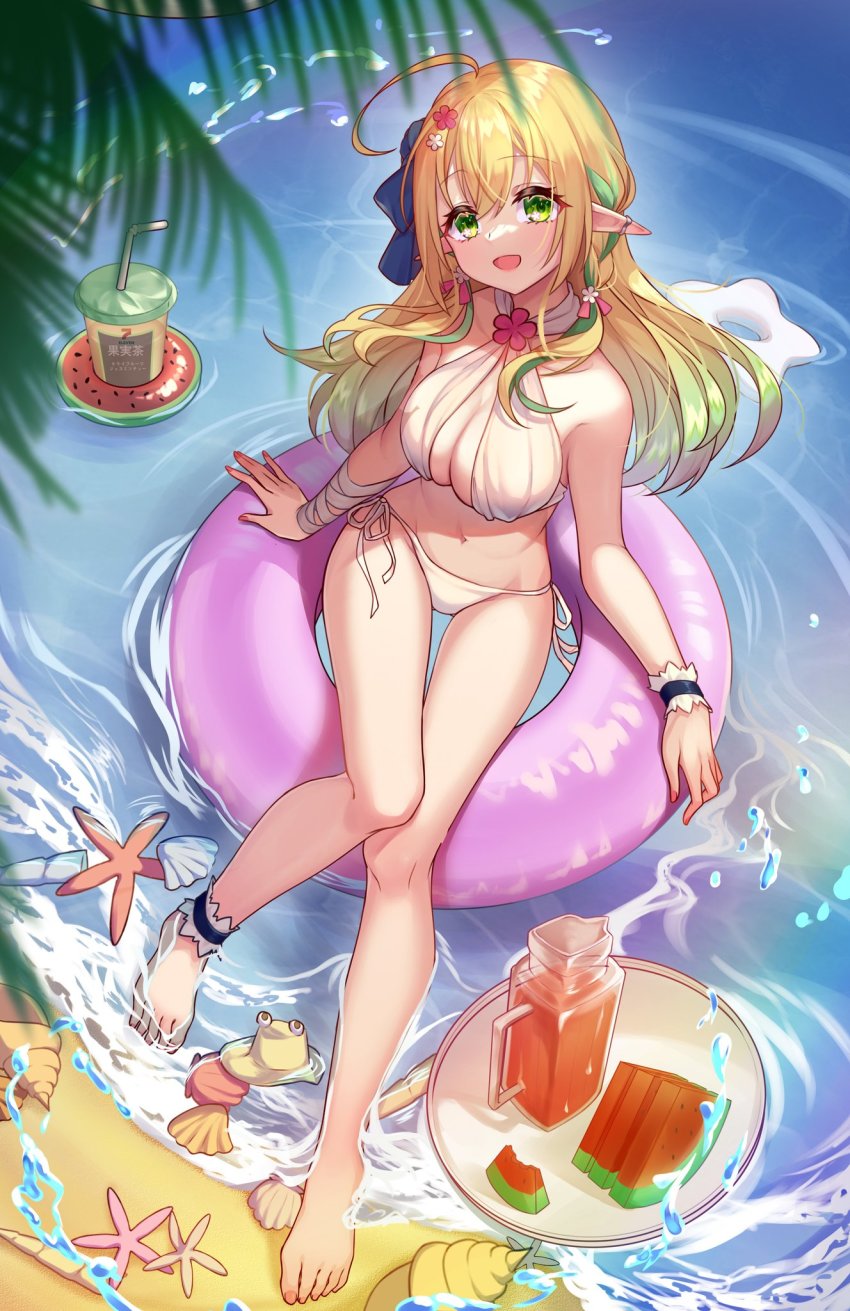 1girl 7-eleven :d ahoge ankle_garter bandaged_arm bandages bare_legs bare_shoulders barefoot beach bikini blonde_hair bow clam commentary_request cup drinking_straw flower food frilled_bikini frilled_swimsuit frills from_above fruit gradient_hair green_eyes green_hair hair_flower hair_ornament halterneck happy highres innertube jar multicolored_hair murasaki_satori navel open_mouth palm_leaf pink_innertube pointy_ears pyonta ripples sand saohime_yue second-party_source see-through_clothes side-tie_bikini_bottom single_wrist_cuff sitting smile solo splashing starfish swim_ring swimsuit touhou virtual_youtuber wactor_production water watermelon watermelon_slice white_bikini wrist_cuffs