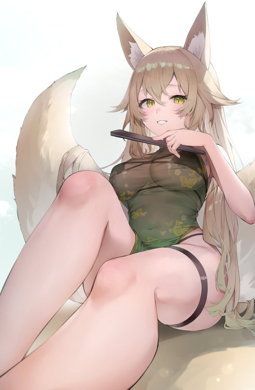 1girl animal_ear_fluff animal_ears bare_shoulders black_bra blonde_hair blush bra breasts china_dress chinese_clothes cleavage commission dress folded_fan folding_fan fox_ears fox_girl fox_tail green_dress hair_between_eyes hand_fan hand_up highres holding holding_fan izumi_kei large_breasts long_hair looking_at_viewer multiple_tails original parted_lips pelvic_curtain second-party_source see-through_clothes see-through_dress sitting skeb_commission solo suirin_(tukikagerou) tail thigh_strap underwear yellow_eyes