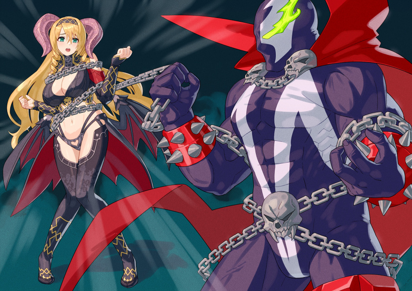 1boy 1girl blonde_hair bodysuit breasts cape chain cleavage commission crossover demon_girl demon_horns green_eyes highres horns mammon_(the_seven_deadly_sins) mask mature_female name_connection navel panties red_cape skeb_commission spawn_(comic) spawn_(spawn) the_seven_deadly_sins thighhighs underwear yagi2013