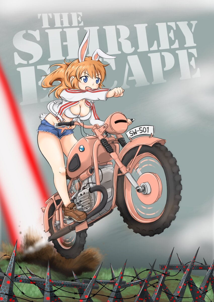 1girl animal_ears barbed_wire blue_eyes bra breasts charlotte_e._yeager clenched_hand cloud cloudy_sky highres jacket kuni-kun large_breasts laser long_hair motor_vehicle motorcycle open_mouth orange_hair outdoors rabbit_ears rabbit_girl rabbit_tail shoes shorts sky solo strike_witches tail underwear white_bra white_jacket world_witches_series