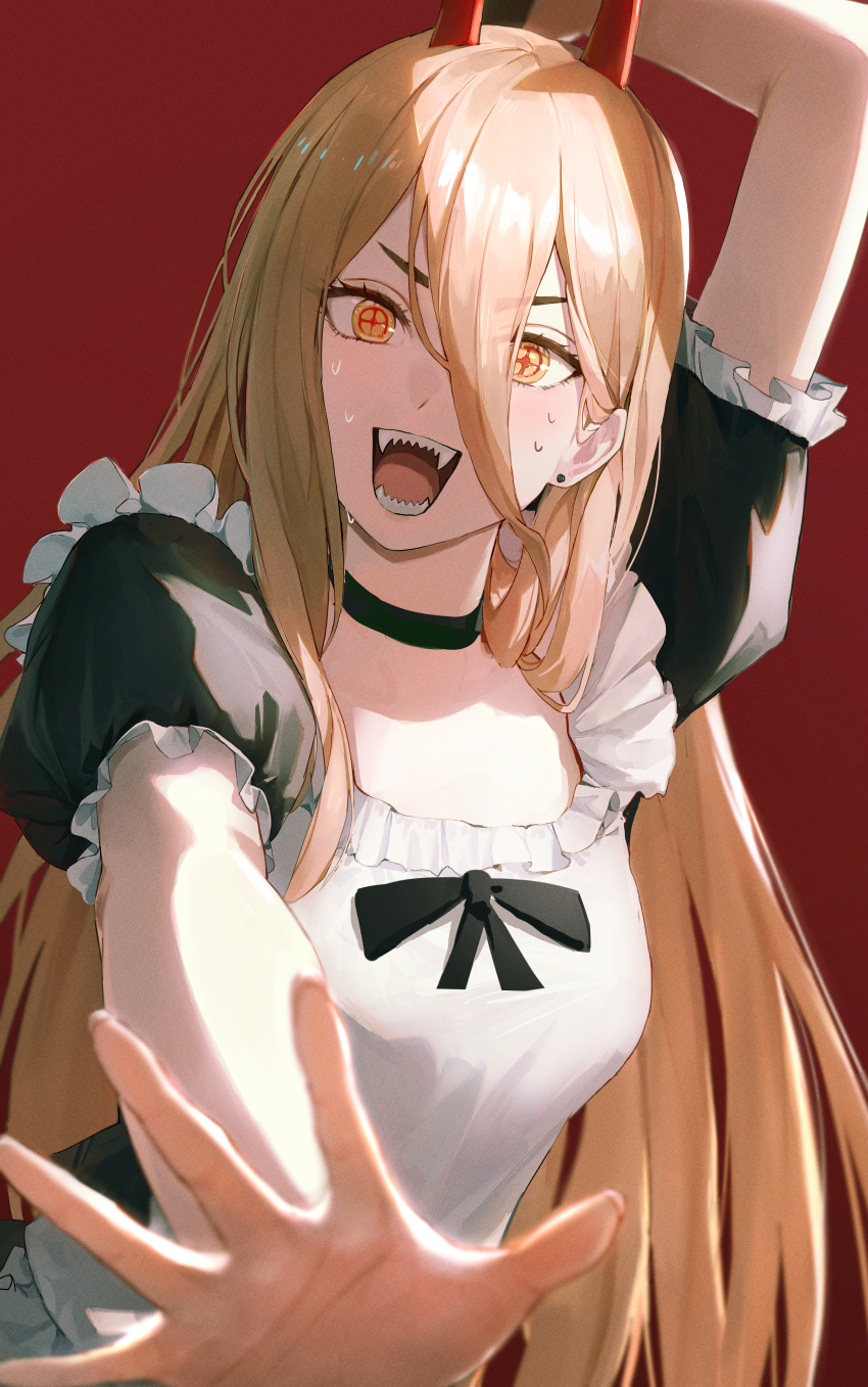 1girl absurdres arm_up black_bow black_choker blonde_hair bow chainsaw_man choker cross-shaped_pupils earrings hair_between_eyes highres horns jewelry light_rays long_hair looking_at_viewer maid open_mouth pigone power_(chainsaw_man) puffy_short_sleeves puffy_sleeves reaching reaching_towards_viewer red_background red_horns sharp_teeth short_sleeves simple_background smile solo stud_earrings sweat symbol-shaped_pupils teeth yellow_eyes