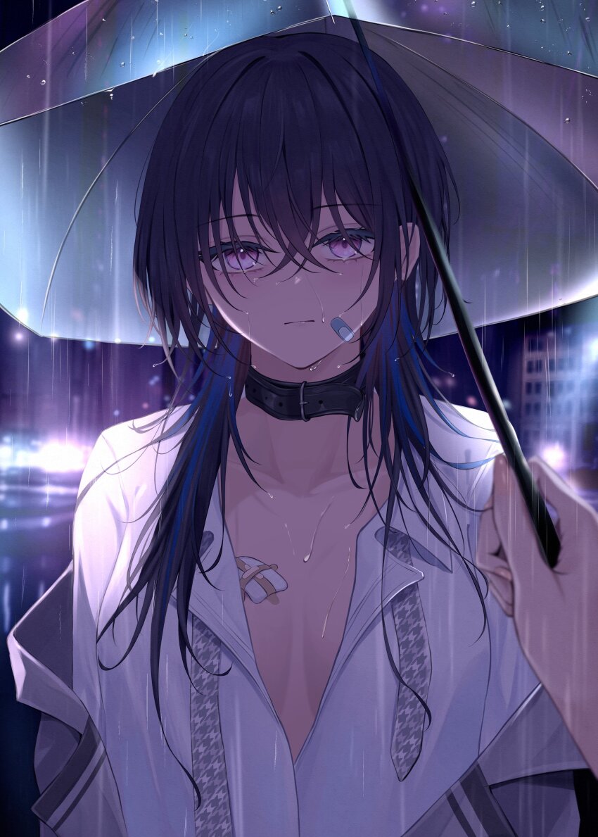 1girl bandaid breasts collar expressionless haru_(haru83380282) ichinose_uruha necktie night pov pov_hands purple_eyes rain shirt sideboob umbrella virtual_youtuber vspo! white_shirt