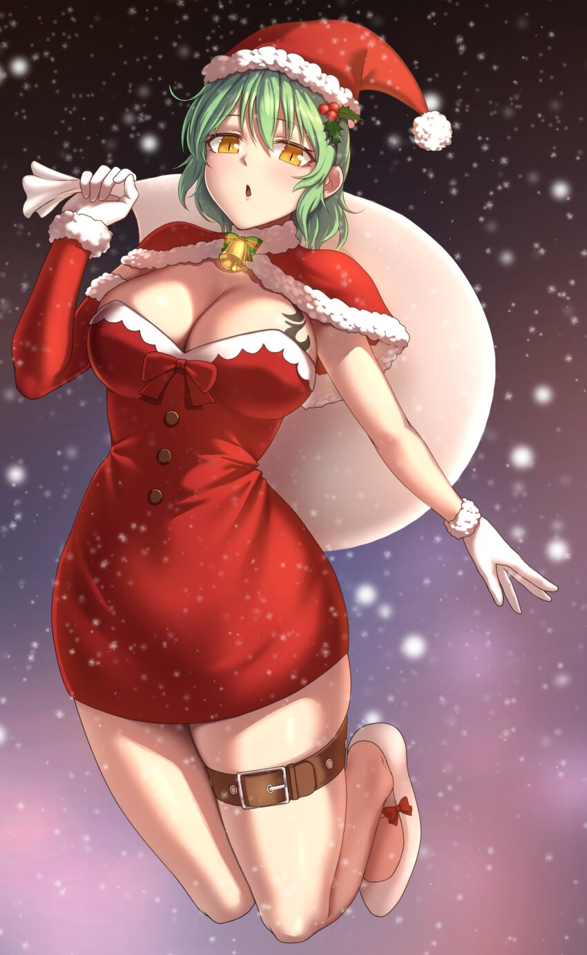 1girl :o absurdres bell belt breast_tattoo breasts capelet christmas cleavage dress fur-trimmed_capelet fur-trimmed_dress fur-trimmed_headwear fur_trim gloves green_hair hat highres hikage_(senran_kagura) holding holding_sack large_breasts looking_at_viewer medium_hair merry_christmas messy_hair midair red_capelet red_dress red_hat sack santa_capelet santa_costume santa_dress santa_gloves santa_hat senran_kagura simple_background slit_pupils snake_print snake_tattoo snowing tattoo thigh_belt thigh_strap white_footwear yellow_eyes zib_(boriku)