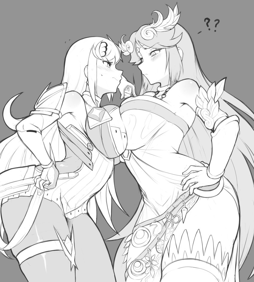 2girls absurdres ancient_greek_clothes armlet bagelbomb breast_press breasts chest_jewel chiton dress earrings elbow_gloves forehead_jewel gem gloves greyscale headpiece highres jewelry kid_icarus kid_icarus_uprising large_breasts long_hair monochrome multiple_girls mythra_(massive_melee)_(xenoblade) mythra_(xenoblade) nintendo palutena pantyhose pendant side_slit strapless strapless_dress super_smash_bros. swept_bangs thighhighs tiara vambraces very_long_hair xenoblade_chronicles_(series) xenoblade_chronicles_2