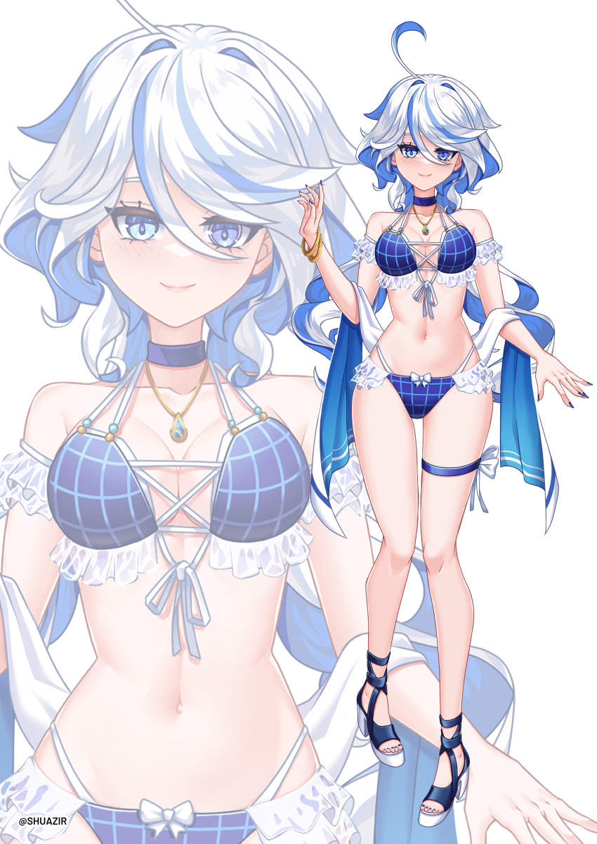 1girl absurdres ahoge bare_shoulders bikini blue_bikini blue_choker blue_eyes blue_hair blue_nails bracelet breasts choker colored_inner_hair commentary furina_(genshin_impact) genshin_impact hand_up highres jewelry long_hair looking_at_viewer multicolored_hair nail_polish navel sandals shuazir simple_background smile standing stomach streaked_hair swimsuit thigh_strap very_long_hair white_background white_hair zoom_layer