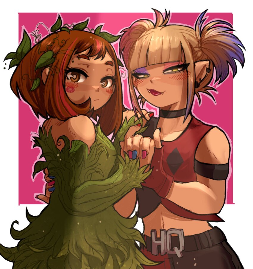 2girls :/ bare_shoulders belt black_belt black_choker black_shirt blonde_hair blue_nails blush boku_no_hero_academia brown_hair choker cosplay cowboy_shot crop_top earrings fangs harley_quinn harley_quinn_(cosplay) highres holding_hands jewelry lia_(miauiz) multiple_girls nail_polish navel pink_background pink_nails pointy_ears poison poison_ivy poison_ivy_(cosplay) red_shirt shirt toga_himiko twintails uraraka_ochako white_background yellow_eyes