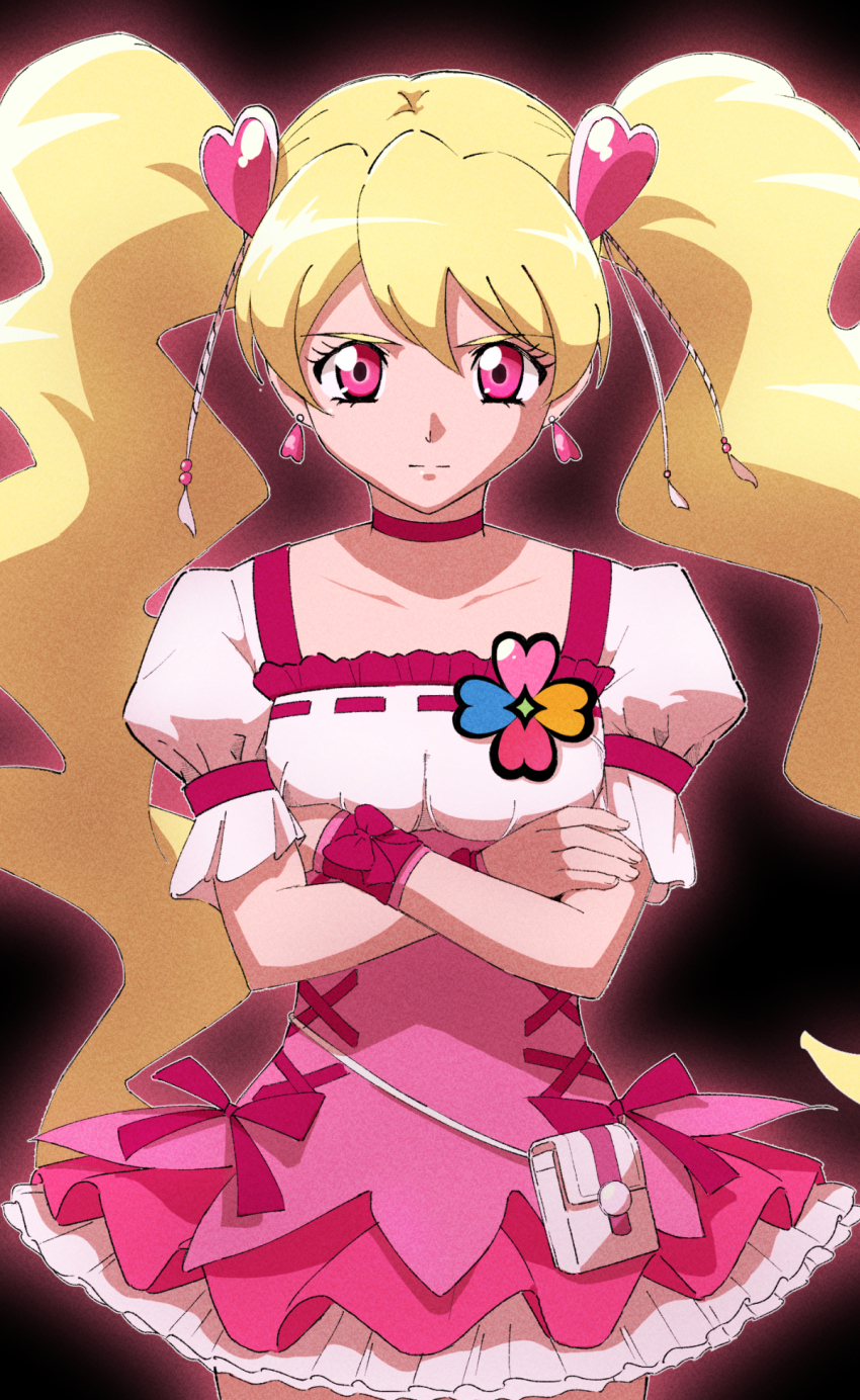 1girl ankou_kyoudai black_background blonde_hair choker closed_mouth clover_brooch commentary cure_peach dress earrings fresh_precure! glowing hair_ornament heart heart_earrings heart_hair_ornament highres jewelry long_hair magical_girl momozono_love pink_choker pink_eyes precure solo twintails two-tone_dress wrist_cuffs