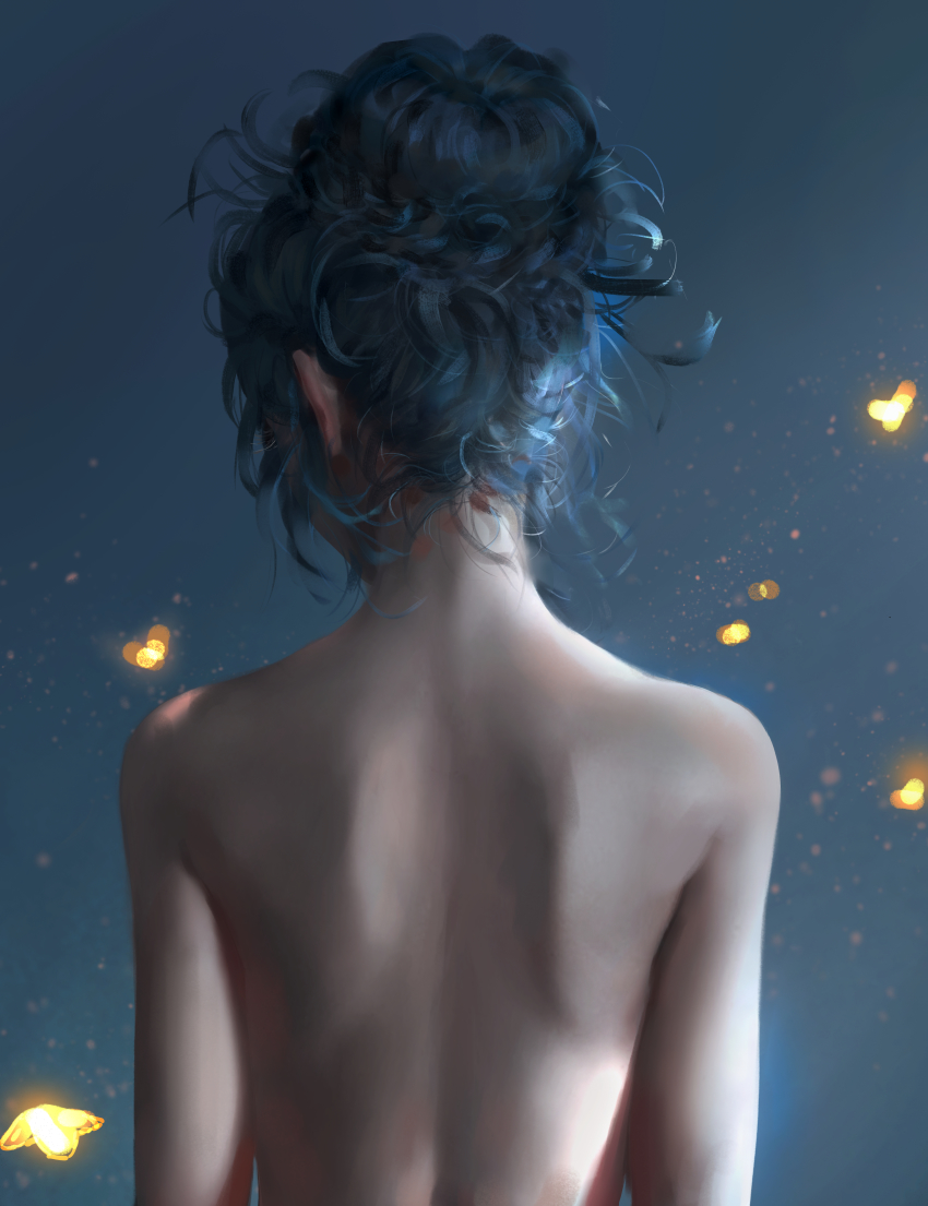 1girl absurdres back back_focus bare_back blue_hair facing_away from_behind hair_bun highres median_furrow nixeu nude original shoulder_blades sidelighting single_hair_bun solo upper_body