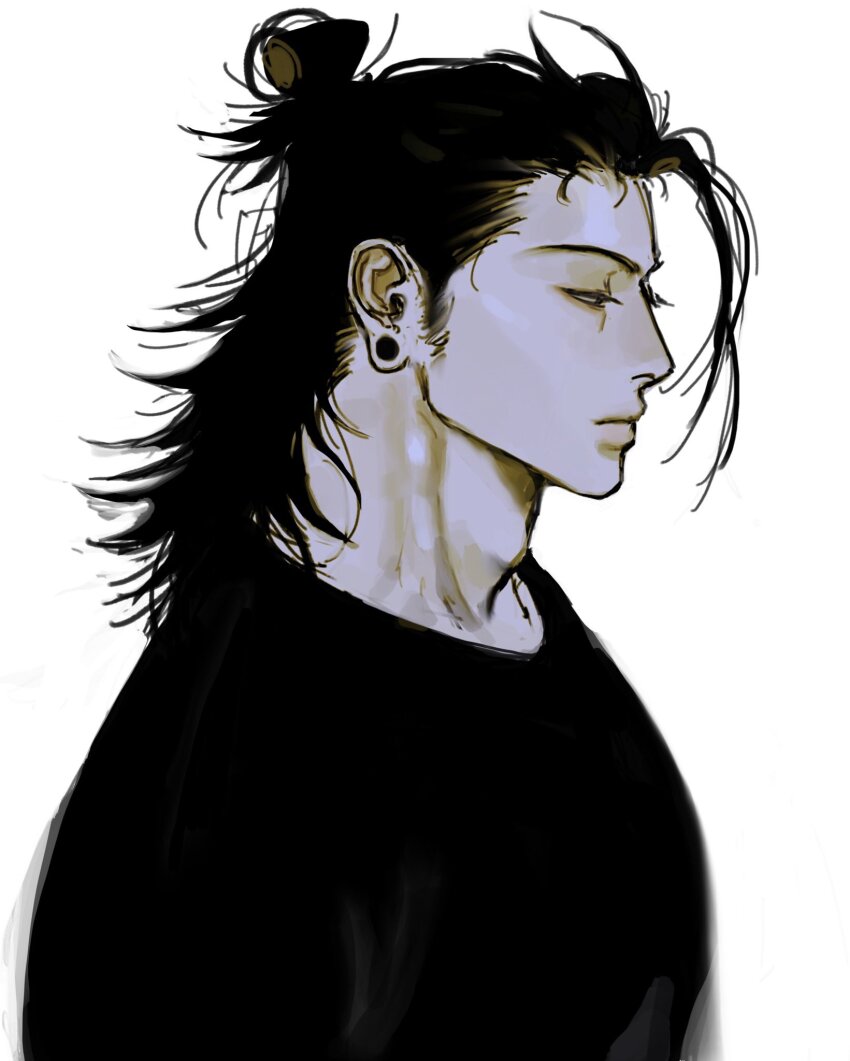 1boy adam&#039;s_apple black_eyes black_shirt closed_mouth ear_piercing expressionless forehead from_side getou_suguru hair_bun hair_slicked_back half_updo highres jujutsu_kaisen junkboh looking_ahead male_focus medium_hair piercing shirt simple_background single_hair_bun temporal_hairline upper_body white_background