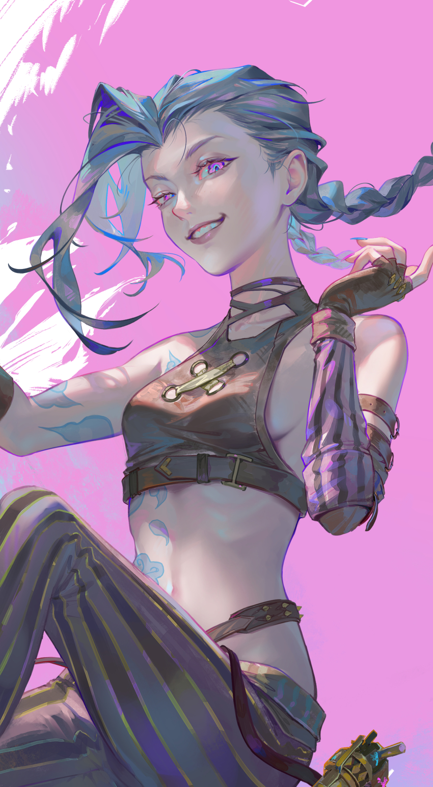 1girl absurdres arcane:_league_of_legends blue_hair braid breasts cloud_tattoo commentary fingerless_gloves gloves grin highres jinx_(league_of_legends) league_of_legends looking_at_viewer pants parted_lips pink_background pink_eyes sideboob sitting small_breasts smile solo striped_clothes striped_pants tamaki_(tamaki599) tattoo twin_braids vertical-striped_clothes vertical-striped_pants