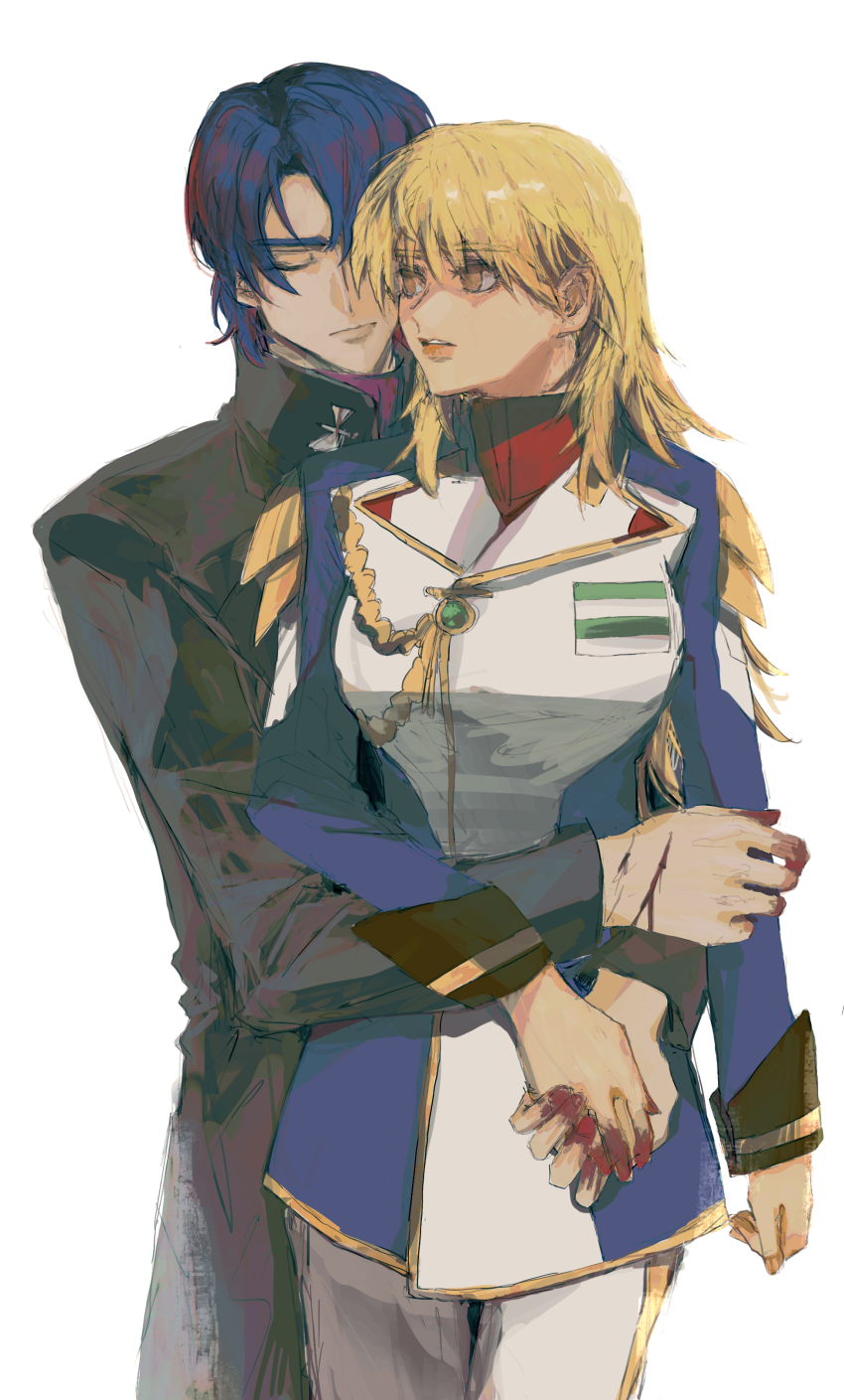 1boy 1girl absurdres aiguillette athrun_zala black_coat blonde_hair blood blood_on_hands blue_hair cagalli_yula_athha closed_eyes coat couple cowboy_shot green_eyes gundam gundam_seed gundam_seed_destiny gundam_seed_freedom hetero high_collar highres holding_hands hug hug_from_behind jacket looking_at_another military_jacket military_uniform pants she_(morianosu) short_hair simple_background white_background white_jacket yellow_eyes