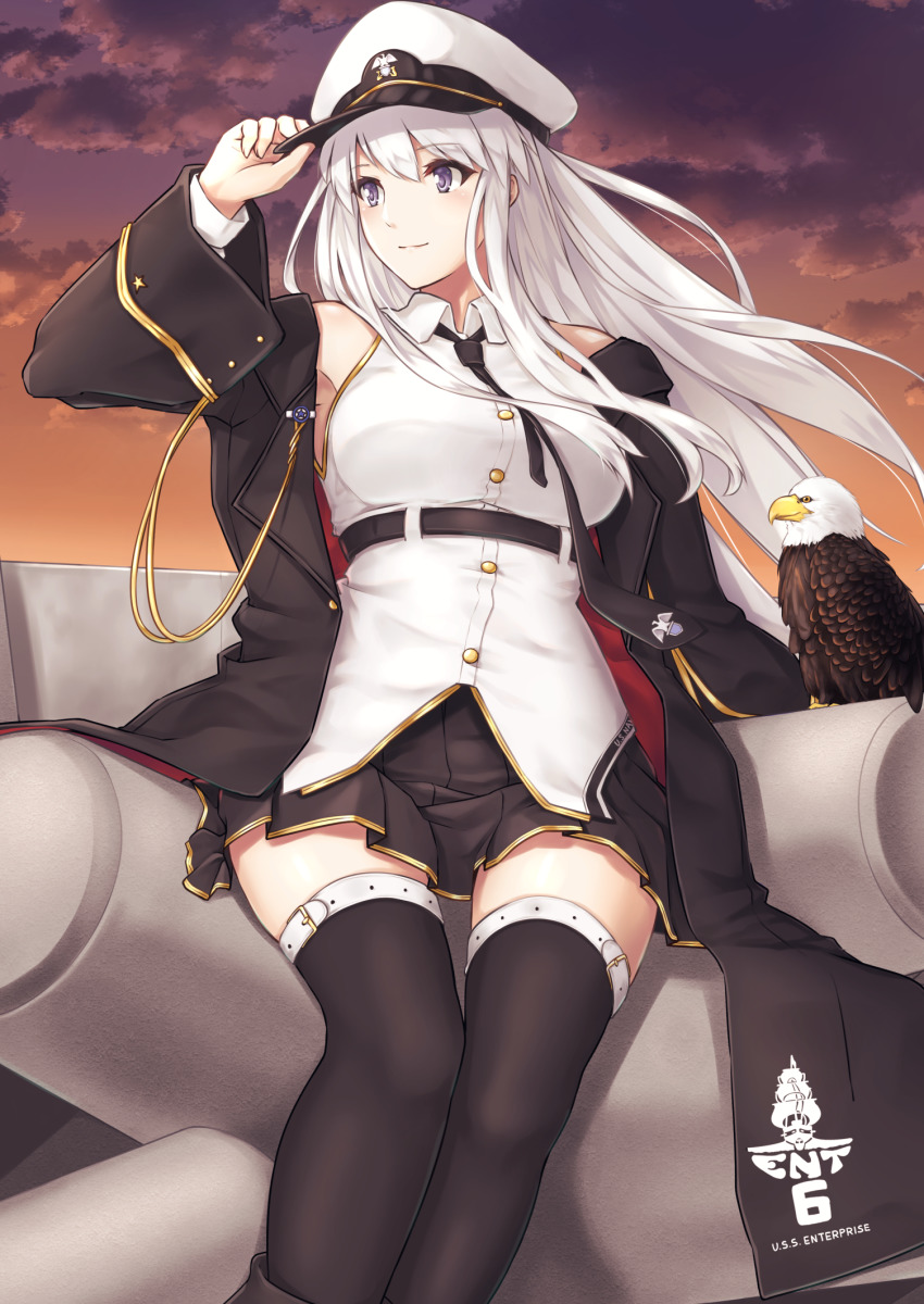 1girl azur_lane bald_eagle belt bird black_belt black_coat black_necktie breasts cloud cloudy_sky coat collared_shirt commentary concrete eagle enchuu enterprise_(azur_lane) feet_out_of_frame hat highres large_breasts long_hair military military_hat miniskirt necktie open_clothes open_coat orange_sky peaked_cap purple_eyes shirt shore silver_hair skirt sky sleeveless sleeveless_shirt solo tetrapod thighhighs underbust wall white_hat