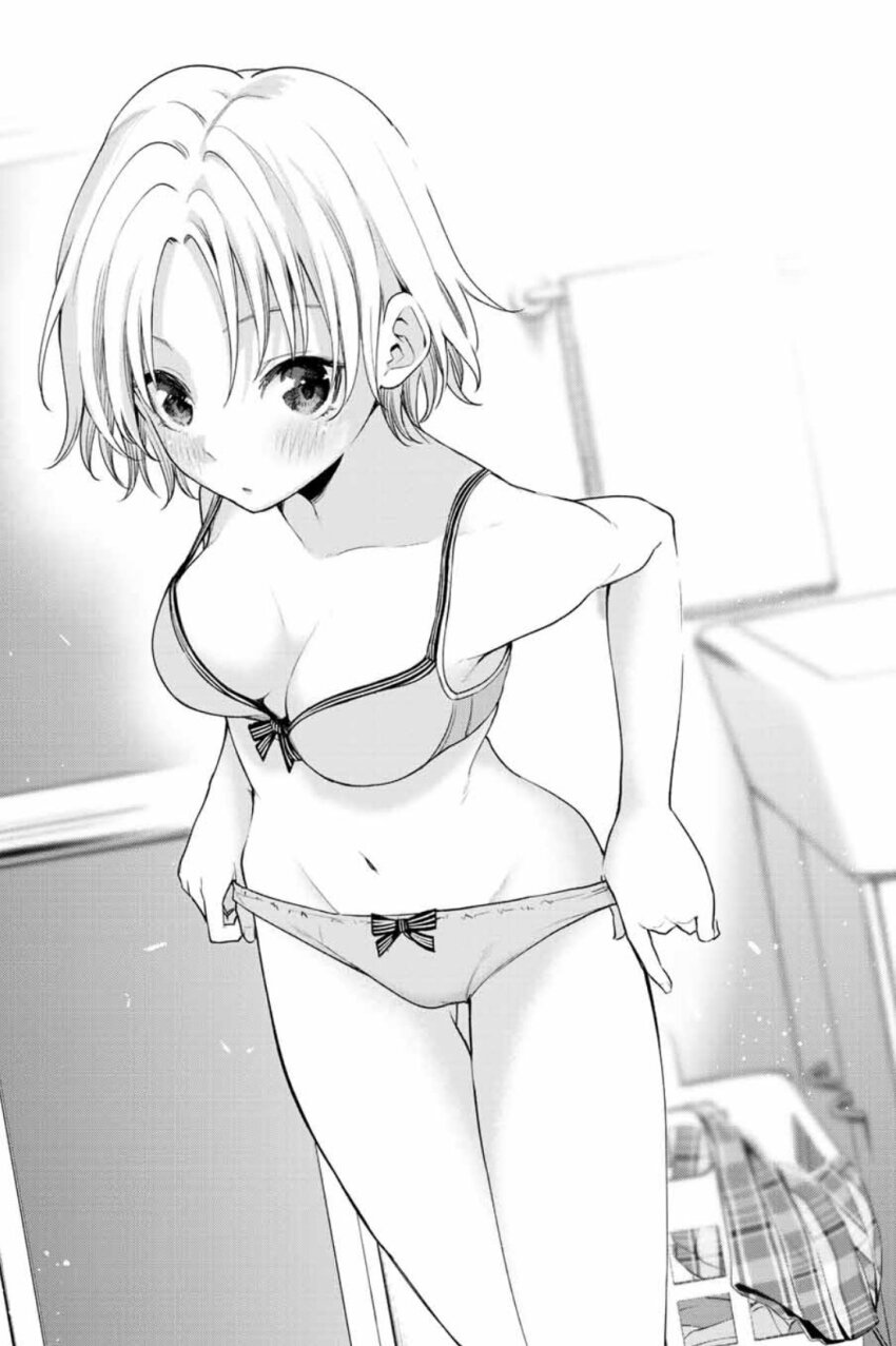 1girl amagami-san_chi_no_enmusubi blush bow bow_bra bow_panties bra breasts commentary_request cowboy_shot greyscale highres looking_at_viewer marcey medium_breasts monochrome navel panties parted_lips plaid_clothes plaid_skirt short_hair skirt solo standing tsuruyama_shirahi underwear underwear_only undressing unworn_skirt