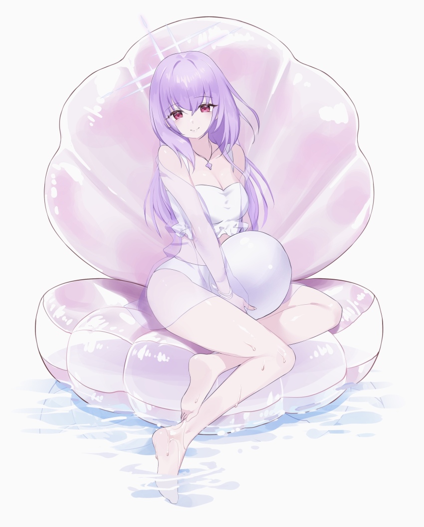 1girl absurdres atsuko_(blue_archive) atsuko_(swimsuit)_(blue_archive) bikini blue_archive dashed_eyes frilled_bikini frills halo highres inflatable_clam inflatable_pearl inflatable_toy jewelry official_alternate_costume pendant purple_hair purple_halo see-through see-through_shirt see-through_sleeves shirt solo suyasuya_(user_tjnw5554) swimsuit wet white_bikini