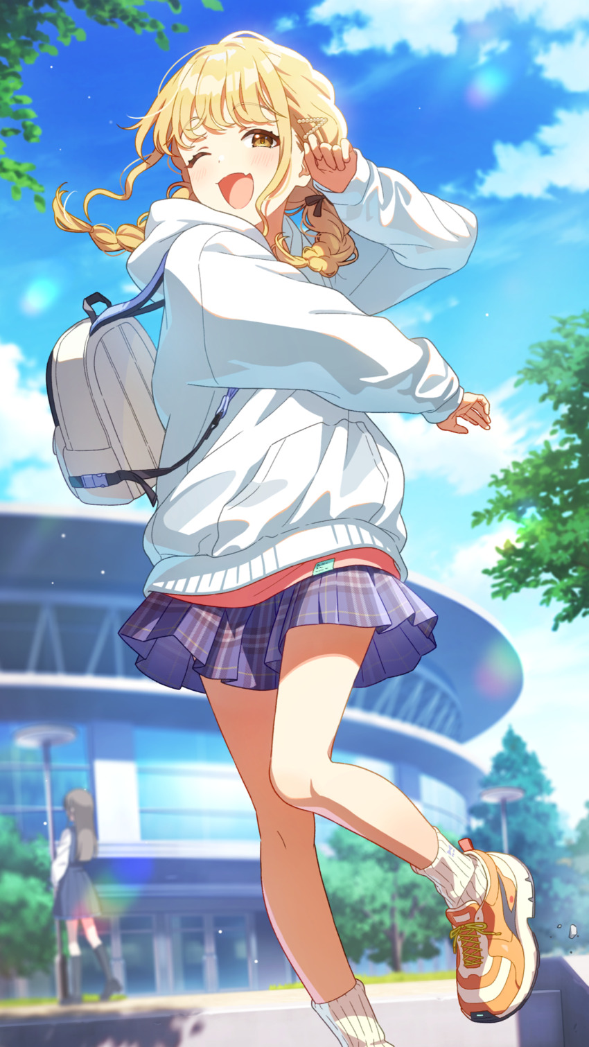 2girls backpack bag blonde_hair braid building card_(medium) cloud fang fujita_kotone gakuen_idolmaster game_cg hair_ornament hood hoodie idolmaster lamppost low_twin_braids multiple_girls official_art one_eye_closed open_mouth skin_fang tree twin_braids yellow_big_bang!_(idolmaster) yellow_eyes