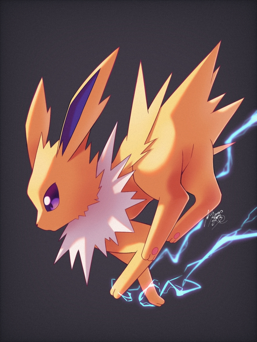 commentary_request creatures_(company) electricity from_side full_body game_freak gen_1_pokemon grey_background highres jolteon kuchiba_(jret2454) looking_down nintendo no_humans pokemon pokemon_(creature) purple_eyes signature solo