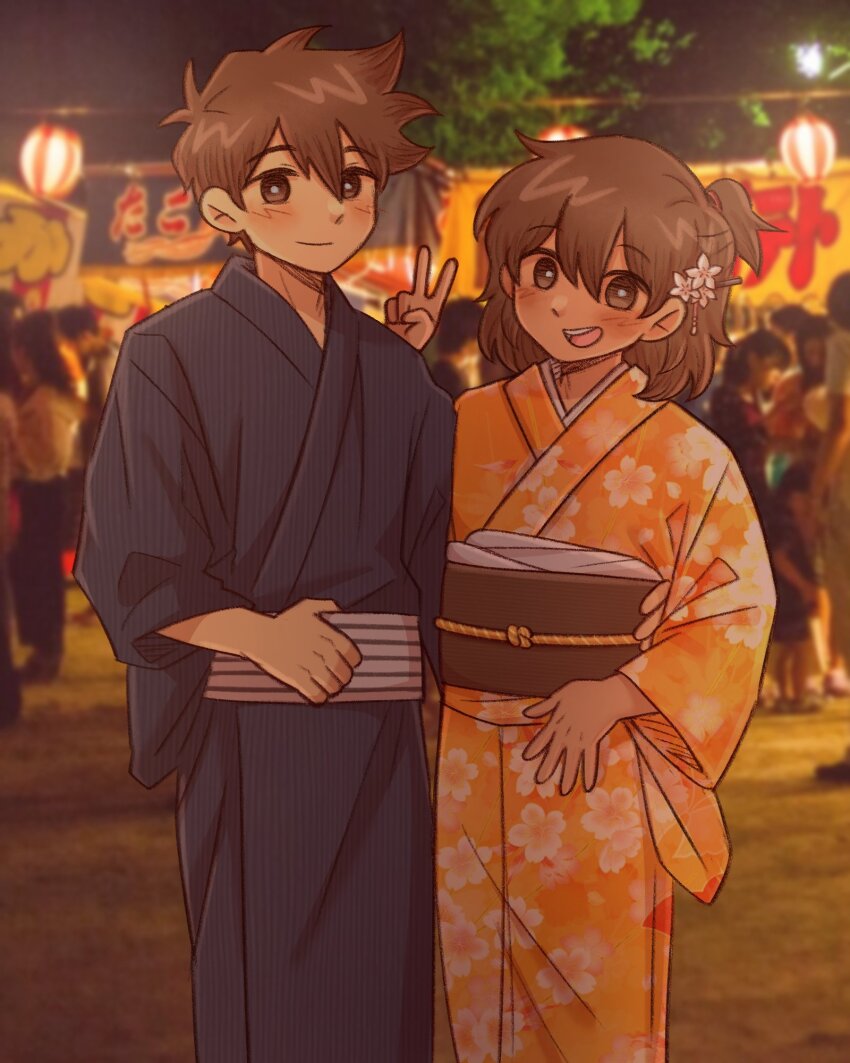 2boys 6+others alternate_costume alternate_hairstyle blue_kimono blush bright_pupils brown_eyes brown_hair closed_mouth dark-skinned_male dark_skin flower hair_flower hair_ornament hero_(faraway)_(omori) hero_(omori) highres japanese_clothes kel_(faraway)_(omori) kel_(omori) kimono long_sleeves looking_at_viewer multiple_boys multiple_others omori open_mouth orange_kimono photo_background setosexual short_hair smile teeth upper_teeth_only v white_pupils