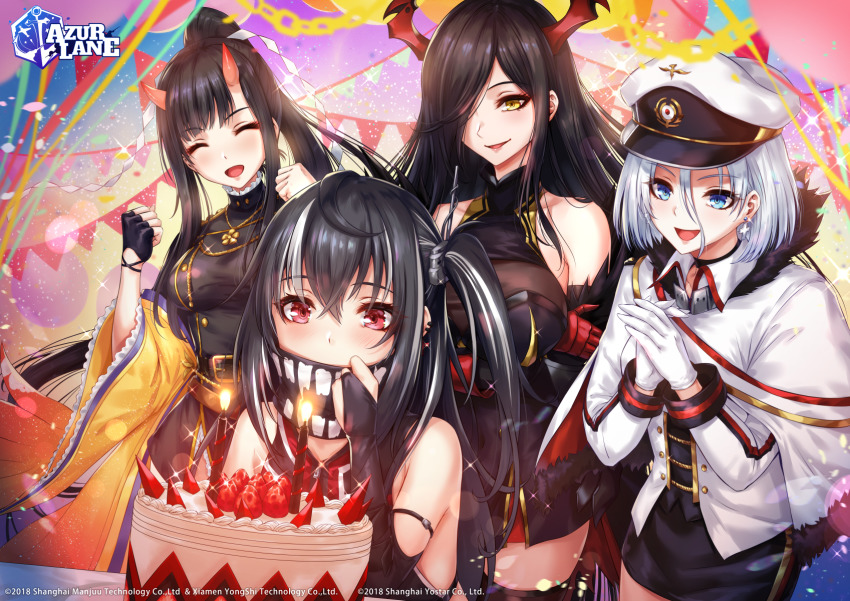 4girls :d ^_^ azur_lane bare_shoulders black_gloves black_hair black_legwear blue_eyes blush breasts cake candle cleavage closed_eyes commentary_request cross cross_earrings crossed_arms dress earrings fingerless_gloves food friedrich_der_grosse_(azur_lane) gloves hair_between_eyes hair_over_one_eye hat highres horns iron_cross jewelry large_breasts long_hair long_sleeves looking_at_viewer multicolored_hair multiple_girls official_art one_side_up oni_horns open_mouth own_hands_together peaked_cap ponytail red_eyes red_gloves red_horns ryuuhou_(azur_lane) sakiyamama short_hair sidelocks smile streaked_hair swimsuit thighhighs tirpitz_(azur_lane) u-47_(azur_lane) very_long_hair white_gloves white_hair wide_sleeves yellow_eyes