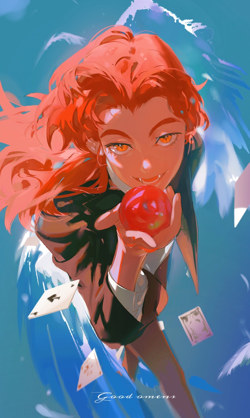 1boy absurdres ainimo5 apple black_jacket blue_background card crowley_(good_omens) eyelashes fang food fruit good_omens highres holding holding_food holding_fruit jacket long_hair long_sleeves looking_at_viewer lower_teeth_only male_focus open_mouth playing_card apple red_hair sidelocks slit_pupils solo teeth tongue yellow_eyes