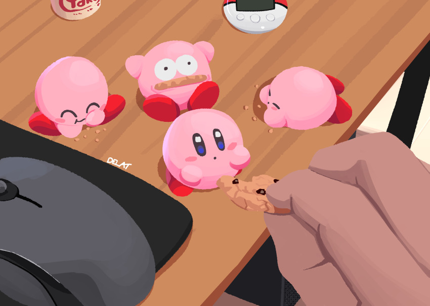 blush_stickers chocolate_chip_cookie closed_eyes colored_skin computer_mouse cookie creatures_(company) delatoid desktop_(computing) eating food food_in_mouth game_freak highres kirby kirby_(series) looking_at_viewer multiple_persona nintendo pink_skin pokemon pokewalker pov pov_hands signature