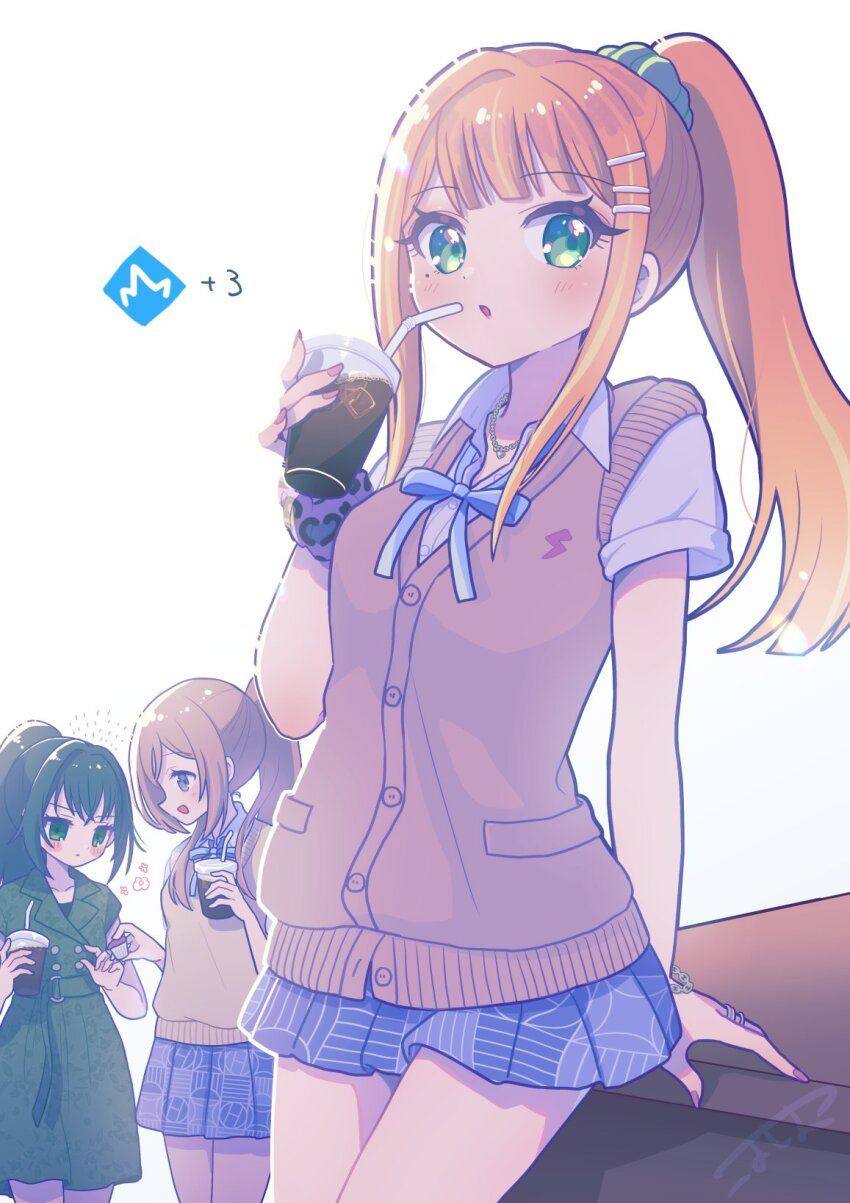 3girls :o alternate_hairstyle blue_ribbon blue_skirt blush brown_cardigan brown_hair brown_sweater_vest cardigan coffee commentary_request cup disposable_cup dress gakuen_idolmaster green_dress green_hair highres himesaki_rinami holding holding_cup idolmaster koyoshi_yoko long_hair looking_at_viewer mole mole_under_eye multiple_girls neck_ribbon orange_hair pleated_skirt ponytail ribbon shiun_sumika sidelocks skirt sleeveless sweater_vest tsukimura_temari very_long_hair