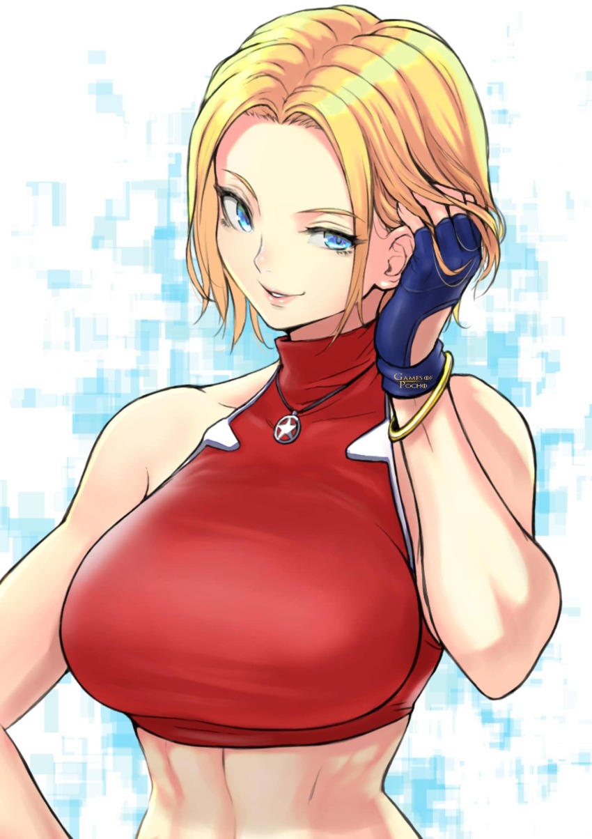 1girl anagumasan blonde_hair blue_eyes blue_gloves blue_mary bracelet breasts crop_top fatal_fury fingerless_gloves gloves hand_in_own_hair highres jewelry large_breasts looking_at_viewer open_mouth parted_lips pendant red_shirt seductive_smile shirt short_hair sleeveless sleeveless_shirt smile snk solo star_(symbol) straight_hair the_king_of_fighters toned upper_body