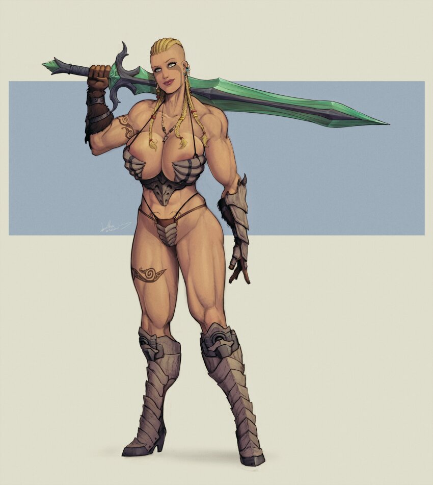 1girl absurdres armor barbarian biceps bikini_armor blonde_hair boots breasts cleavage devilhs dreadlocks facepaint g-string gauntlets high_heel_boots high_heels highres holding holding_sword holding_weapon large_breasts leg_tattoo long_hair muscular muscular_female over_shoulder pubic_tattoo solo standing sword tattoo the_elder_scrolls the_elder_scrolls_v:_skyrim thong weapon weapon_over_shoulder