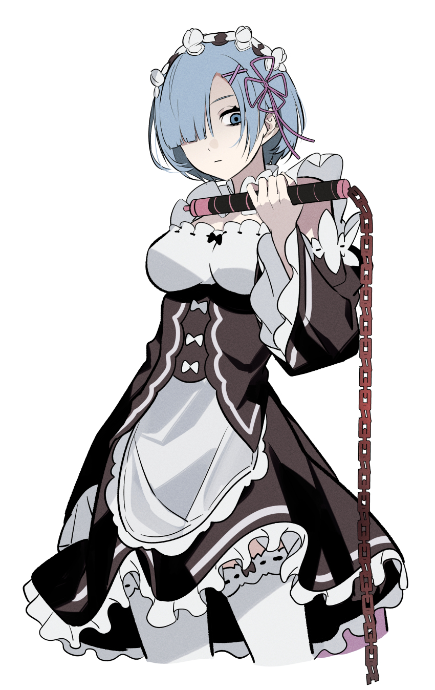 1girl absurdres blue_eyes blue_hair breasts chain_whip closed_mouth detached_collar detached_sleeves dress frills hair_ornament hair_over_one_eye hair_ribbon hairband hand_up highres holding holding_weapon kiliko-san looking_down maid purple_ribbon re:zero_kara_hajimeru_isekai_seikatsu rem_(re:zero) ribbon ribbon-trimmed_dress ribbon_trim roswaal_mansion_maid_uniform short_hair simple_background solo thighhighs weapon white_background white_thighhighs x_hair_ornament