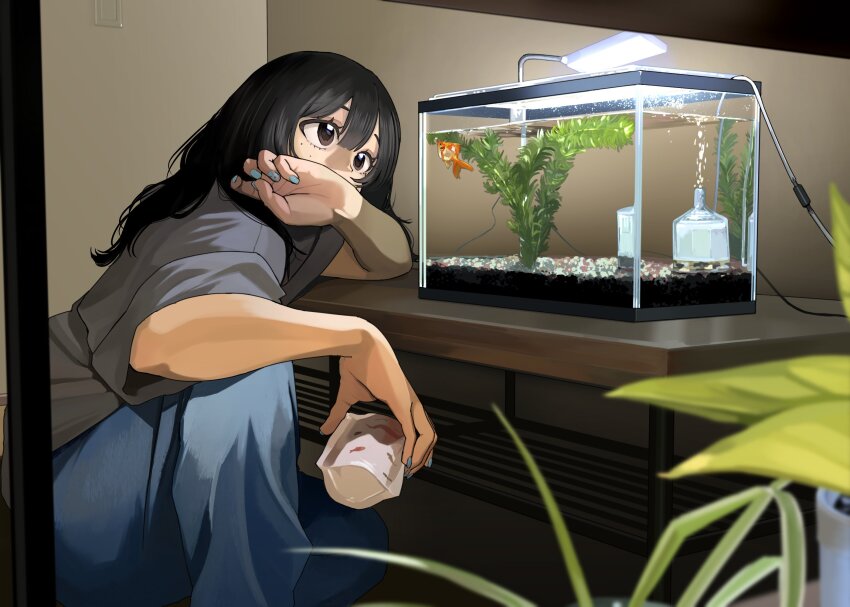 1girl black_hair blue_nails blue_pants blurry blurry_foreground cable covered_mouth covering_own_mouth fish fish_tank goldfish grey_shirt hand_up highres holding indoors lamp long_hair looking_at_animal mmmo3 nail_polish original pants plant potted_plant shirt short_sleeves sitting solo