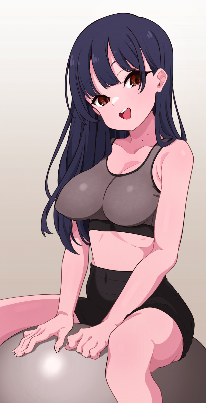 1girl absurdres ball bike_shorts black_shorts blue_hair boku_no_kokoro_no_yabai_yatsu breasts brown_eyes covered_navel dark_blue_hair exercise_ball grey_sports_bra highres long_hair medium_breasts mekato mole mole_on_neck multiple_moles open_mouth shorts sitting sitting_on_ball solo sports_bra yamada_anna