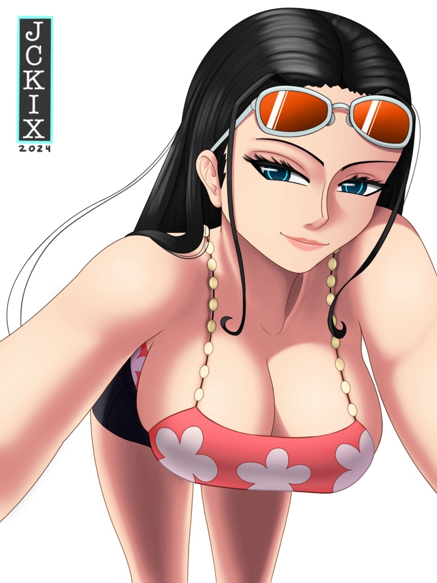 1girl bare_arms bare_legs bare_shoulders black_hair blue_eyes breasts female_focus highres jckix_art large_breasts long_hair looking_at_viewer mature_female nico_robin one_piece bad_tag punk_hazard sexually_suggestive shounen_jump smile solo sunglasses sunglasses_on_head tagme thick_thighs thighs