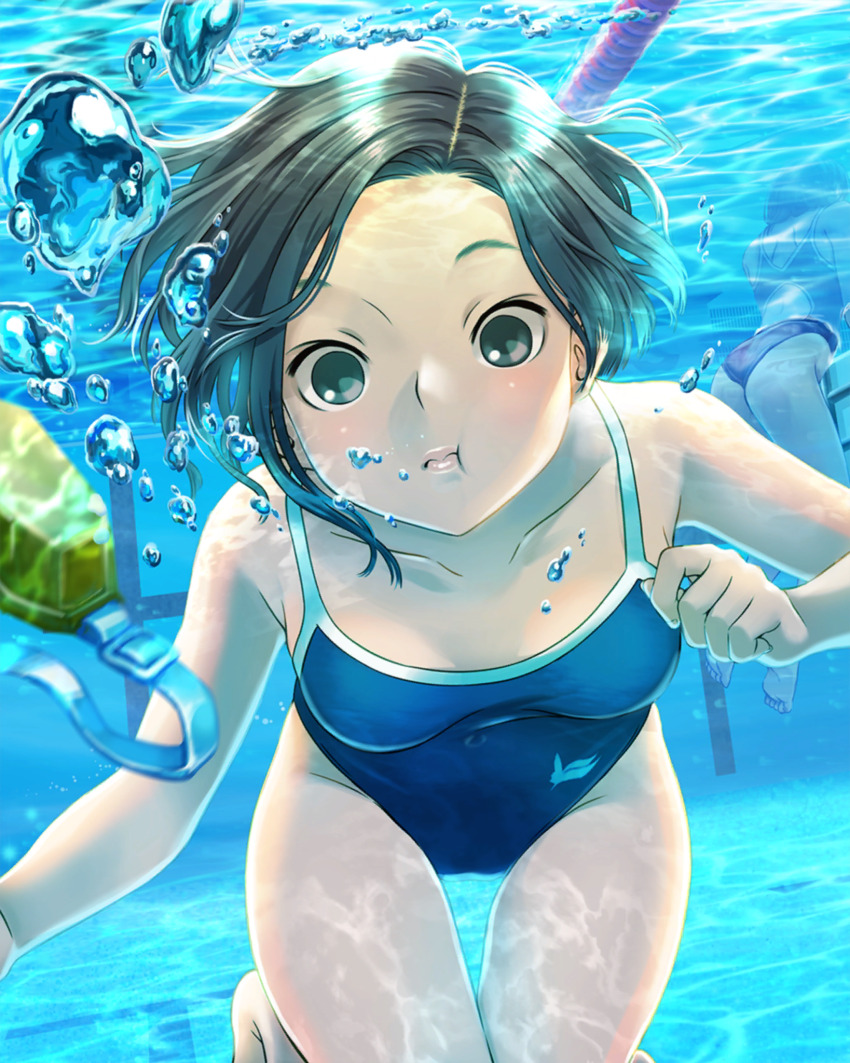 2girls air_bubble ass asymmetrical_hair back bare_shoulders black_hair brown_eyes bubble collarbone forehead from_behind goggles highres holding_breath kobayakawa_rinko looking_at_viewer love_plus multiple_girls official_art one-piece_swimsuit parted_bangs pool school_swimsuit short_hair shoulder_blades swimming swimsuit underwater water