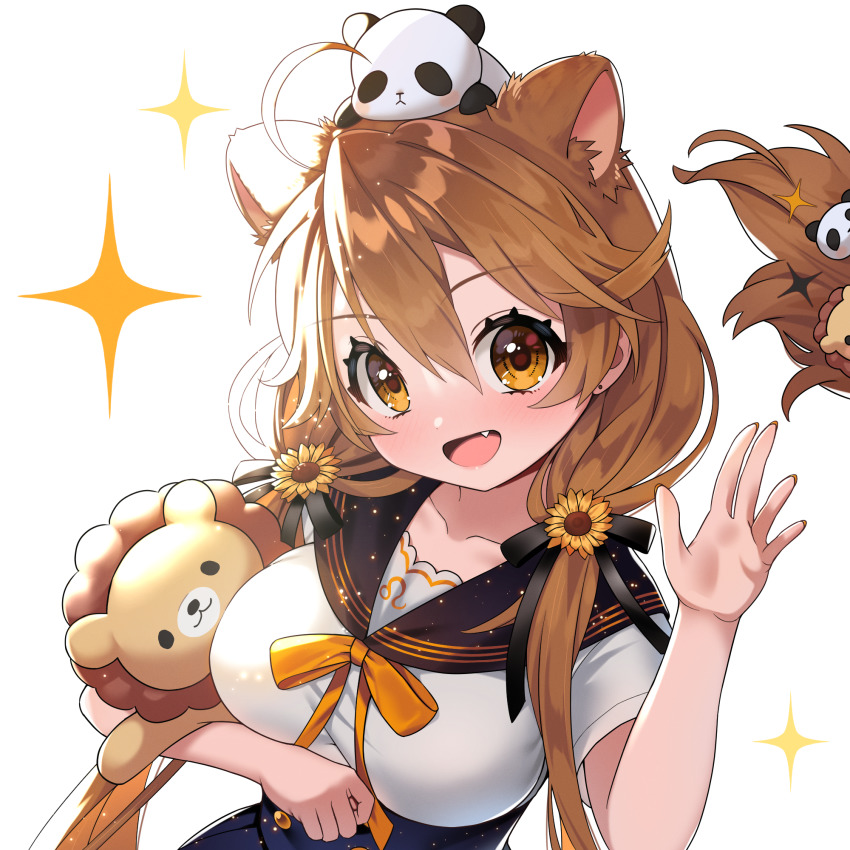 1girl :d ahoge animal animal_ears animal_on_head bettle_(b_s_a_n) breasts brown_hair fang hair_between_eyes hair_ornament highres large_breasts looking_at_viewer low_twintails on_head open_mouth panda re:act shishigami_leona short_sleeves simple_background smile sparkle stuffed_animal stuffed_lion stuffed_toy twintails upper_body virtual_youtuber white_background