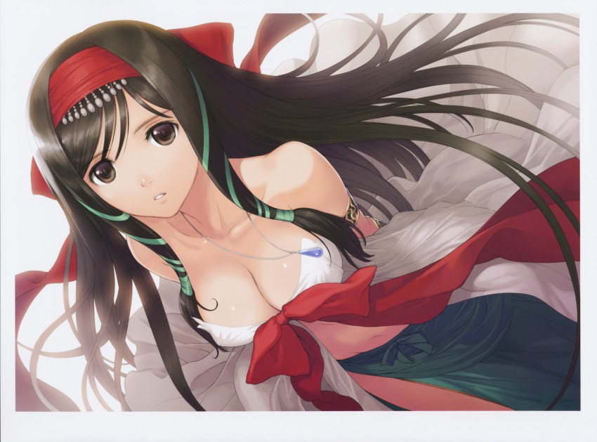 10s 1girl absurdres arms_behind_back black_hair breasts brown_eyes cleavage female_focus from_above hair_ribbon highres jewelry kaguya_(shining_hearts) large_breasts long_hair midriff necklace ribbon shining_(series) shining_hearts shining_world solo tony_taka