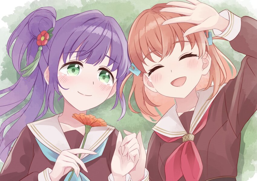 2girls ^_^ aqua_neckerchief arm_up blush brown_dress brown_hair cerise_bouquet closed_eyes closed_mouth commentary_request crossed_bangs dress flower gerbera green_eyes hair_bun hair_flower hair_ornament hashtag-only_commentary hasu_no_sora_school_uniform highres hinoshita_kaho hisaka holding holding_flower link!_like!_love_live! lone_nape_hair long_hair long_sleeves love_live! lying medium_hair multiple_girls neckerchief on_back open_mouth orange_flower otomune_kozue purple_hair rabbit_hair_ornament red_flower red_neckerchief sailor_collar sailor_dress school_uniform side_ponytail sidelocks single_side_bun smile tears two_side_up upper_body virtual_youtuber white_sailor_collar winter_uniform