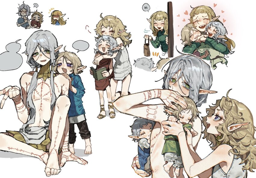 ... 1boy 2girls 2others arm_tattoo bags_under_eyes blank_speech_bubble blonde_hair book carrying carrying_person chest_tattoo child child_carry dungeon_meshi elf english_text family father_and_child fleki gloves gorget green_eyes grey_hair hair_around_ear hair_tubes heart highres holding holding_book hug if_they_mated kneeling long_hair low_twintails lycion mother_and_child multiple_girls multiple_others multiple_views notched_ear nova_1810 pants pattadol pointy_ears purple_eyes shirt short_hair simple_background sitting sleeveless speech_bubble tattoo topless_male tunic twintails white_background