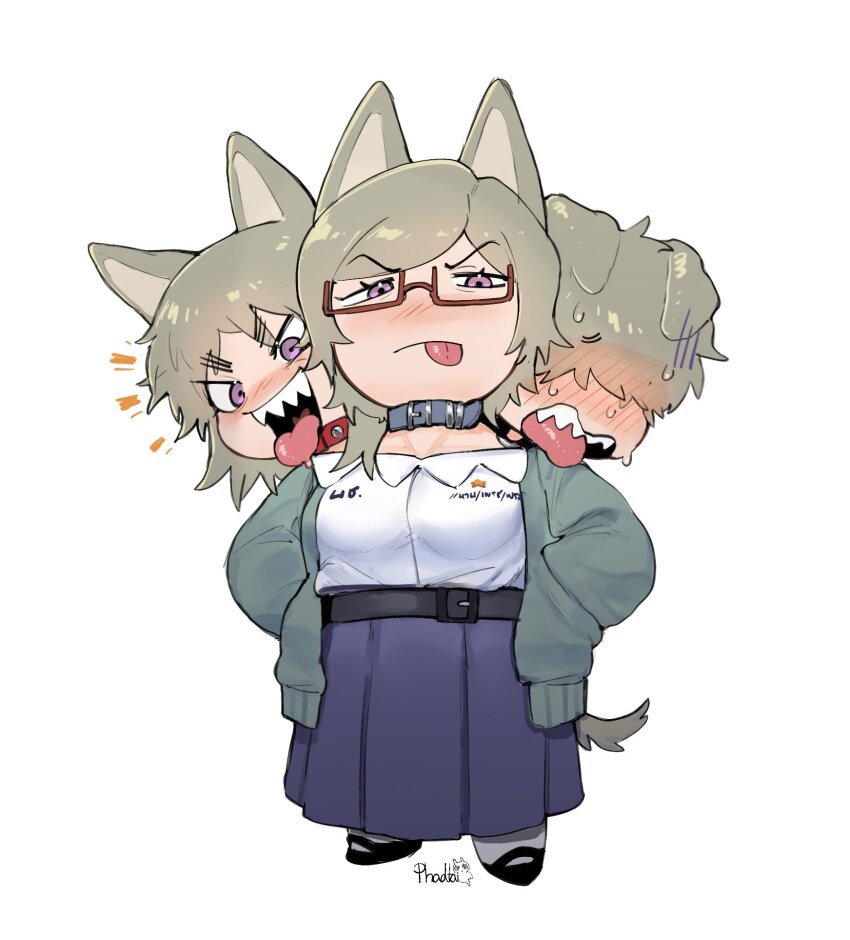 1girl animal_ears blush brown_hair cerberus collar conjoined dog_ears dog_girl dog_tail droopy_ears glasses hair_over_eyes highres maikamiaka multiple_heads original purple_eyes shirt short_tail skirt tail teeth tongue tongue_out