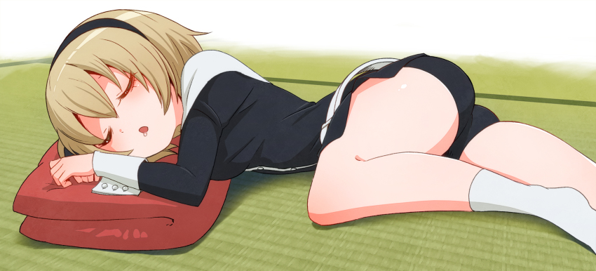 1girl ass bike_shorts black_shorts blonde_hair blush breasts closed_eyes hair_ornament hairband highres jashin-chan_dropkick medium_breasts on_floor open_mouth pekora_(jashin-chan_dropkick) saliva sat-c shiny_skin short_hair shorts sleeping socks solo white_footwear