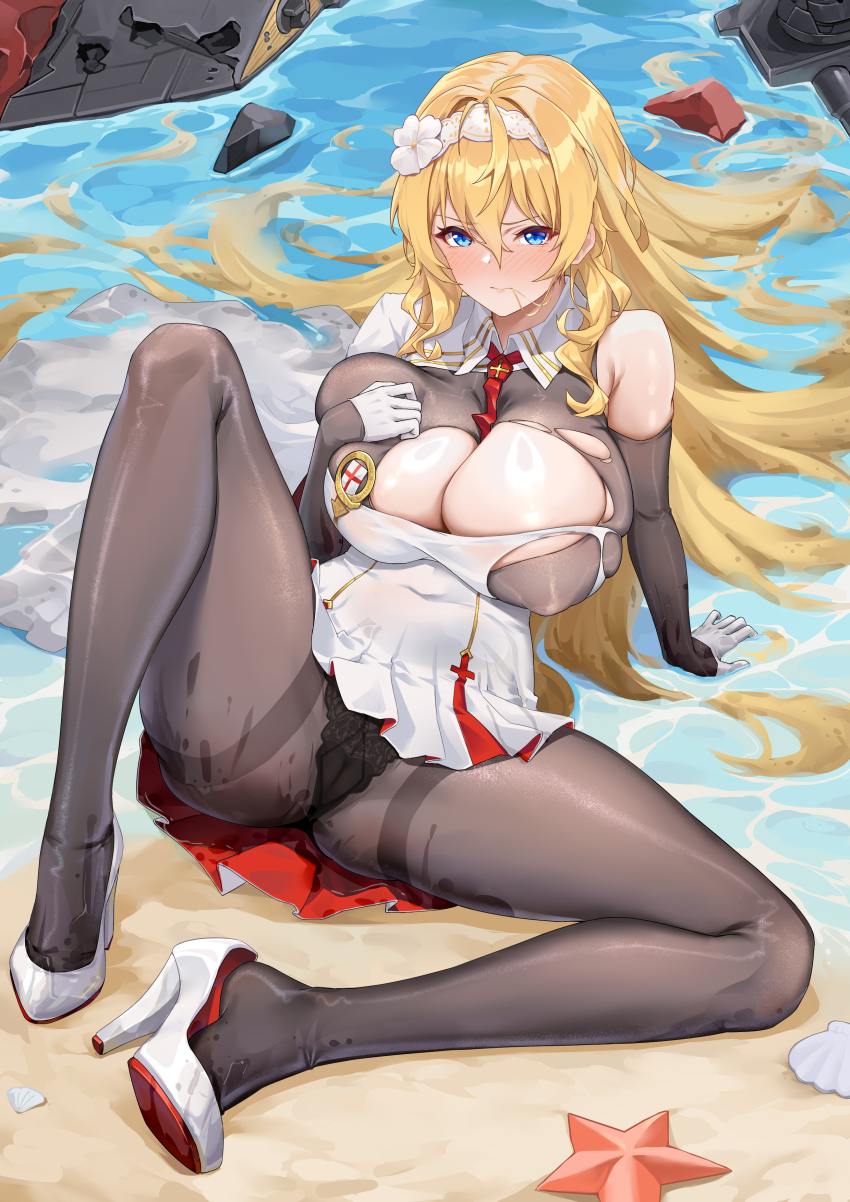 1girl absurdres arm_support beach black_bodysuit black_panties black_pantyhose blonde_hair blue_eyes blush bodysuit breasts dress duke_of_york_(warship_girls_r) gloves hair_between_eyes hair_in_own_mouth hair_ornament hairband half_gloves high_heels highres huge_breasts knee_up lace_hairband lazgear long_hair looking_at_viewer loose_hair_strand necktie ocean outdoors panties panties_under_pantyhose pantyhose seashell shell single_bare_shoulder sitting solo torn_bodysuit torn_clothes underwear very_long_hair warship_girls_r wet white_dress white_footwear white_gloves white_hairband