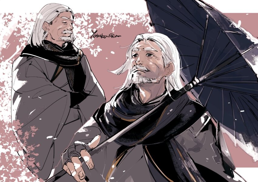 1boy cherry_blossom_print final_fantasy final_fantasy_xiv floral_print holding holding_umbrella multiple_views musosai old old_man purple_background robe scarf umbrella white_hair wide_sleeves yabuka_shiwa