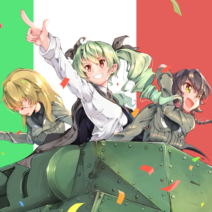 10s 3girls absurdres anchovy_(girls_und_panzer) anzio_military_uniform anzio_school_uniform black_cape black_hair black_neckwear black_ribbon black_shirt blonde_hair braid brown_eyes cape carpaccio_(girls_und_panzer) carro_armato_p40 closed_eyes commentary confetti dress_shirt drill_hair feitendo girls_und_panzer green_hair grey_jacket grin hair_ribbon highres jacket laughing long_hair long_sleeves military military_uniform military_vehicle motor_vehicle multiple_girls necktie open_mouth pepperoni_(girls_und_panzer) pointing red_eyes ribbon school_uniform shirt short_hair side_braid smile tank twin_drills twintails white_shirt