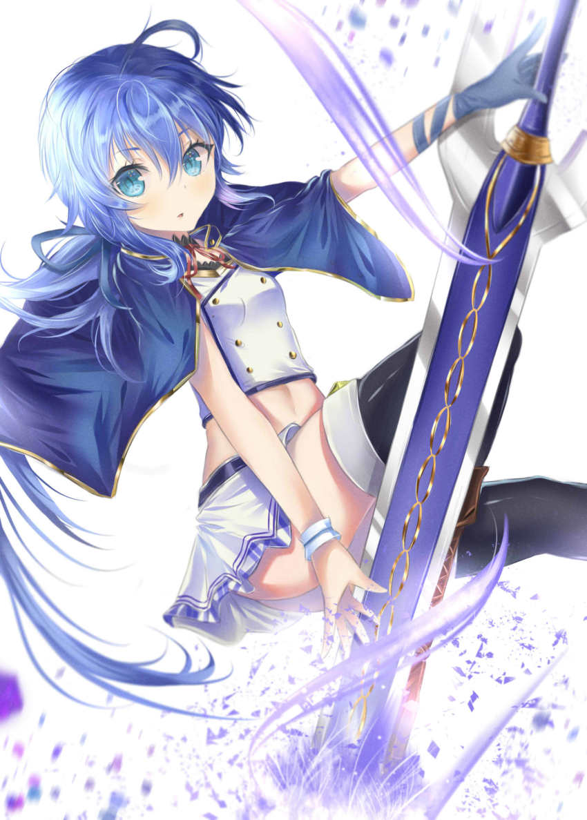 10s 1girl absurdres ahoge black_thighhighs blue_cape blue_eyes blue_gloves blue_hair blush cape female_focus fhilippedu gloves highres holding holding_sword holding_weapon long_hair looking_at_viewer miniskirt navel parted_lips rokudenashi_majutsu_koushi_to_akashic_record ryiel_rayford skirt solo sword thighhighs weapon white_skirt wrist_cuffs