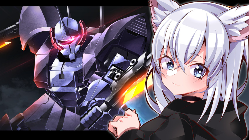 absurdres act_zaku animal_ear_fluff animal_ears asagi_rio axe black_choker black_hoodie blue_eyes choker commission dual_wielding glowing glowing_eye gundam gundam_msv hair_between_eyes highres holding holding_axe hood hoodie indie_virtual_youtuber long_hair looking_back looking_to_the_side mecha mobile_suit one-eyed papa-kun_(destiny549-2) pink_eyes robot silver_hair skeb_commission smile virtual_youtuber wolf_ears wolf_girl zeon