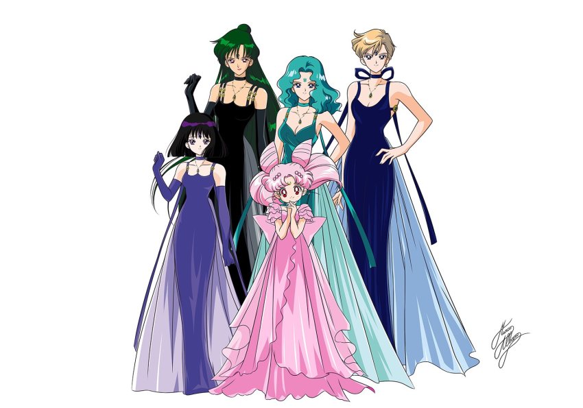 5girls aqua_hair bishoujo_senshi_sailor_moon black_gloves blonde_hair blue_dress blue_eyes breasts chibi_usa choker cleavage crescent crescent_facial_mark dark-skinned_female dark_skin double_bun dress elbow_gloves facial_mark female_focus forehead_mark gloves green_dress green_hair hair_bun hand_on_own_hip interlocked_fingers jewelry kaiou_michiru marco_albiero medium_breasts meiou_setsuna multiple_girls necklace own_hands_together pendant pink_dress pink_hair purple_dress purple_eyes purple_gloves purple_hair red_eyes short_hair single_hair_bun small_lady_serenity smile ten&#039;ou_haruka tomoe_hotaru twintails