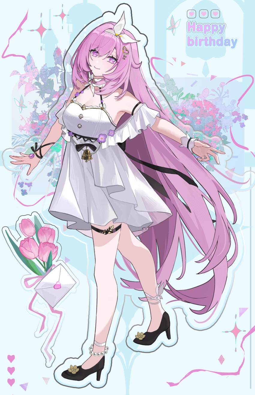 1girl absurdres alternate_costume armpits bare_shoulders black_footwear blue_background breasts chinese_commentary cleavage closed_mouth commentary_request diamond-shaped_pupils diamond_(shape) dress elysia_(herrscher_of_human:_ego)_(honkai_impact) elysia_(honkai_impact) flower full_body hairband happy_birthday heart high_heels highres honkai_(series) honkai_impact_3rd large_breasts letter long_hair looking_at_viewer meijianshanshuizhangming pink_flower pink_hair pink_tulip purple_eyes smile solo symbol-shaped_pupils tulip very_long_hair white_dress white_hairband wrist_cuffs