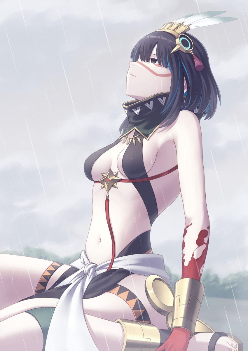 1girl absurdres black_eyes black_hair blue_hair breasts fate/grand_order fate_(series) highres ka_ki_o medium_breasts multicolored_hair rain revealing_clothes solo tenochtitlan_(fate) tenochtitlan_(first_ascension)_(fate) toeless_footwear