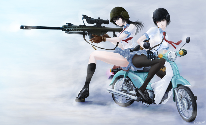 2girls anti-materiel_rifle barrett_m82 bitter_sweet_(bs6968) bittersweet6968 black_hair gloves gun helmet highres kneehighs motor_vehicle motorcycle multiple_girls original pantyhose rifle school_uniform sniper_rifle socks vehicle weapon