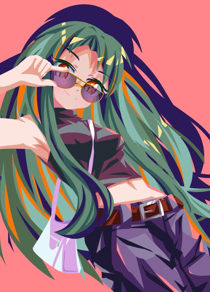 1girl adjusting_eyewear bag belt black_pants black_shirt brown_belt brown_eyes commentary english_commentary evanhehehe green_hair highres long_hair looking_at_viewer midriff pants pink_background shirt shoulder_bag simple_background sleeveless sleeveless_shirt smile solo sunglasses suzumiya_haruhi_no_yuuutsu tsuruya white_bag